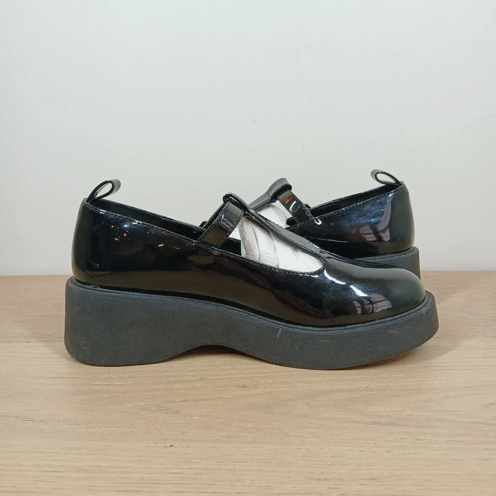 Steve Madden Jgene Flats Girls 4 Black Patent Mary Jane Platform Goth Preppy